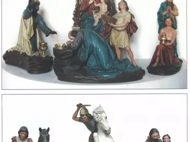 Figury z renovovaného orloje, polychromované dřevořezby od sochaře Bernharda Hoetgera z Wiedenbrucku ve Vestfálsku, výška 55 až 70 cm, 1898. Nahoře: černý král z cyklu Klanění tří králů, Madona s dítětem, král se sluhou z cyklu Klanění tří králů. Dole: Rudolf Habsburský, sv. Jiří v boji s drakem, král se sluhou z cyklu Klanění tří králů. Vlastivědné muzeum v Olomouci, sign. CH 1004, CH 1006, CH 1001, CH 1000, CH 1005, CH 999. Foto Pavel Rozsíval.